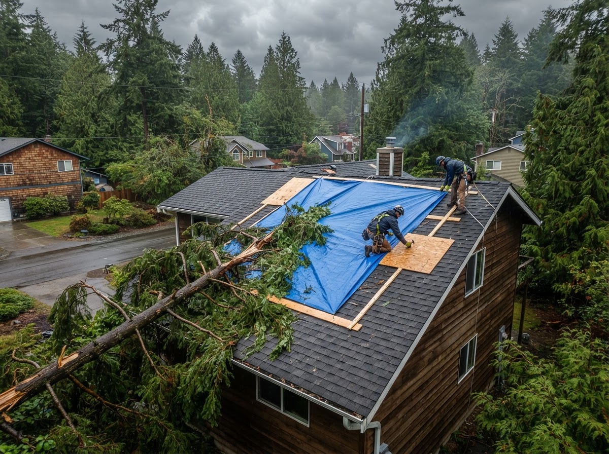 Fallen heavy tree branch on residential roof decking with emergency mitigation tarping