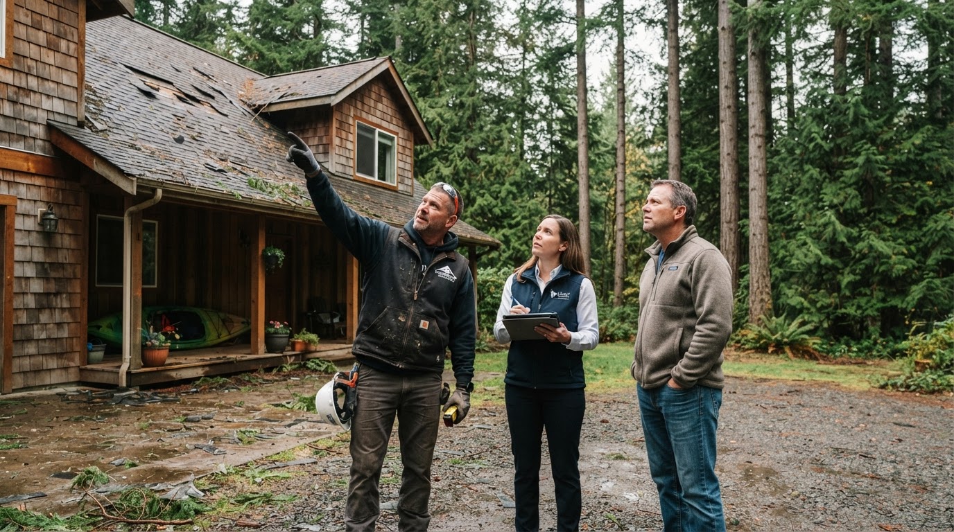 Roofing specialist assessing storm damage with insurance adjuster and Pacific Northwest homeowner