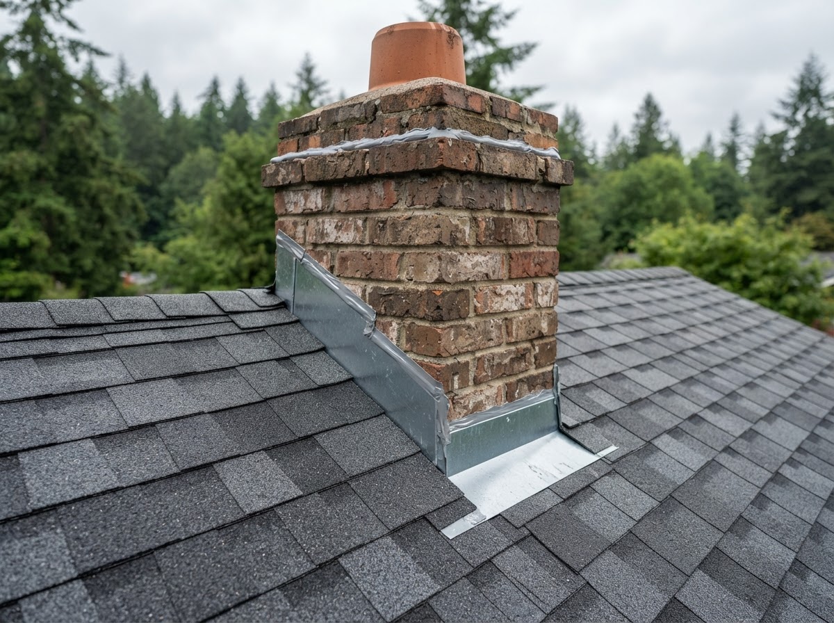 Repaired, sealed chimney flashing with new metal step flashing after a Reconcile Roofing leak repair