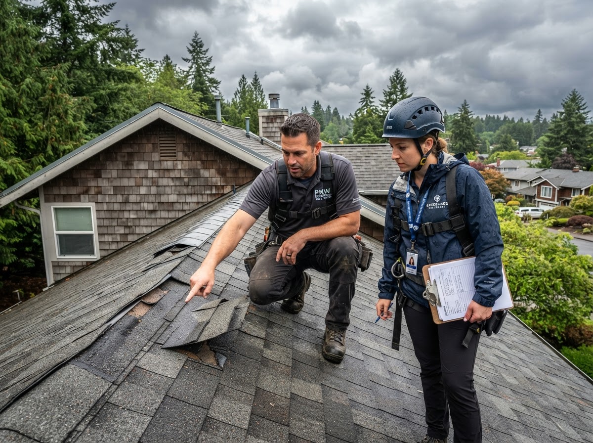 Paul Huppler pointing out creased wind-damaged shingles to an insurance adjuster during a roof walk