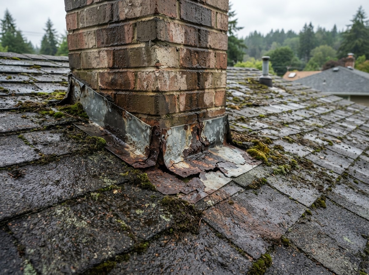 Deteriorated, cracked chimney flashing on a roof before a Reconcile Roofing inspection in Mountlake Terrace, WA