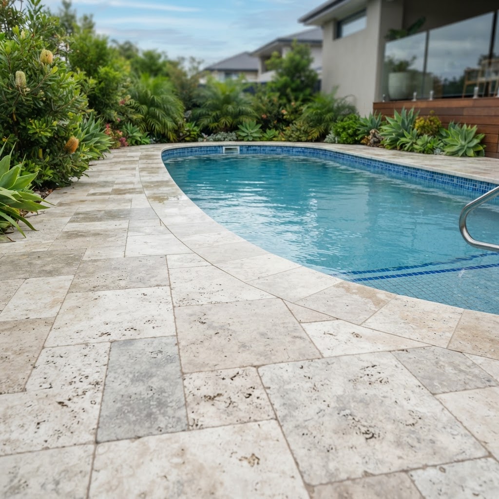 Travertine pool surround with stone coping laid by Sewell Civil & Landscapes