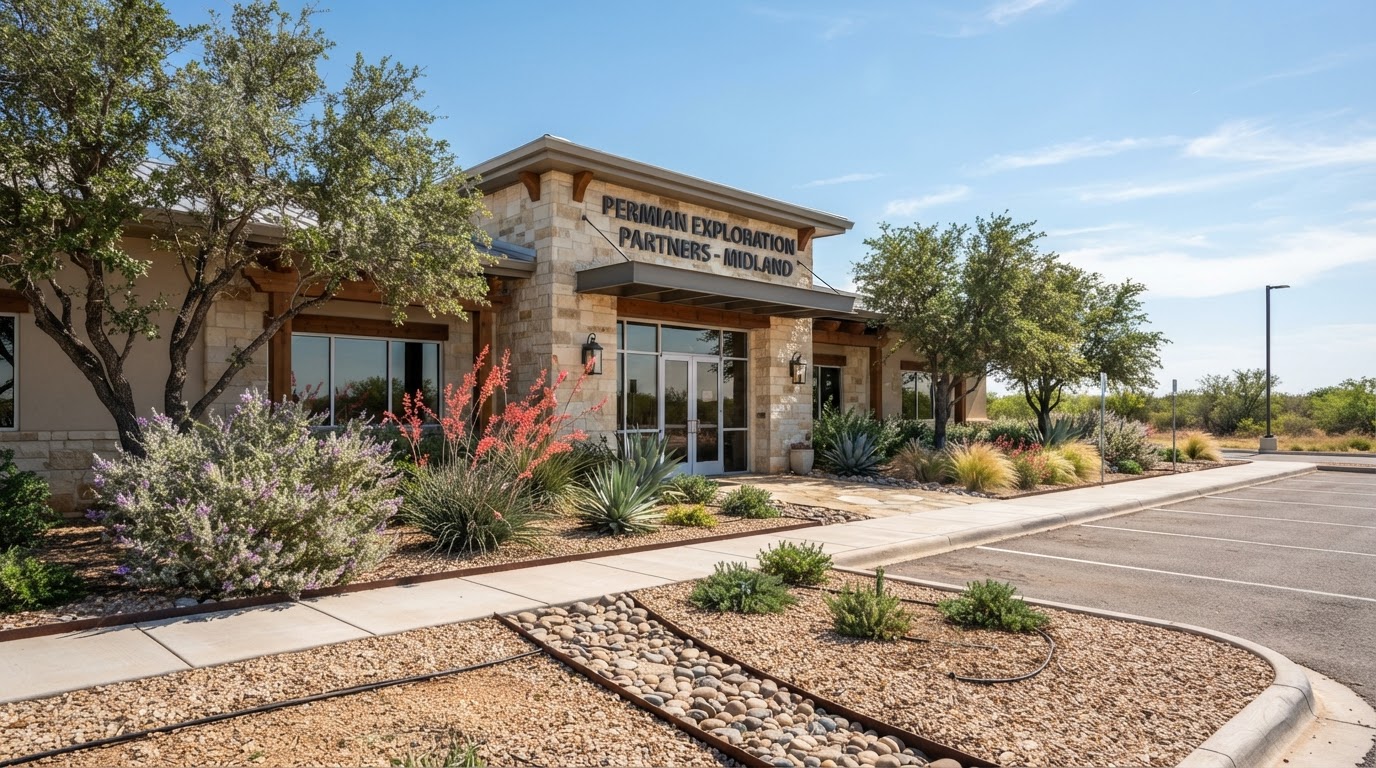 Professionally landscaped Midland Texas property with decorative stone, drought-tolerant plants and maintained shade trees