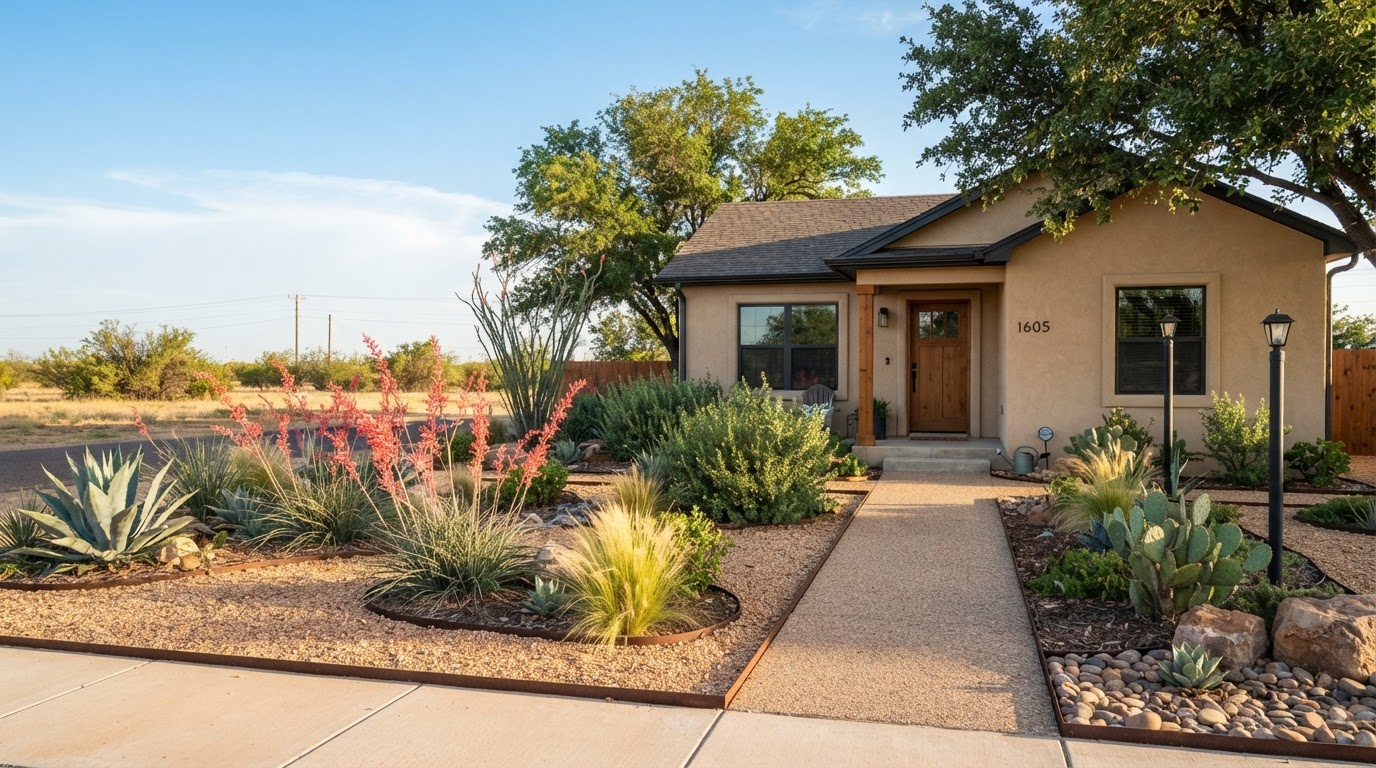 Drought-tolerant West Texas xeriscape with decorative gravel, agave, ornamental grasses and maintained shade trees typical of Andrews properties