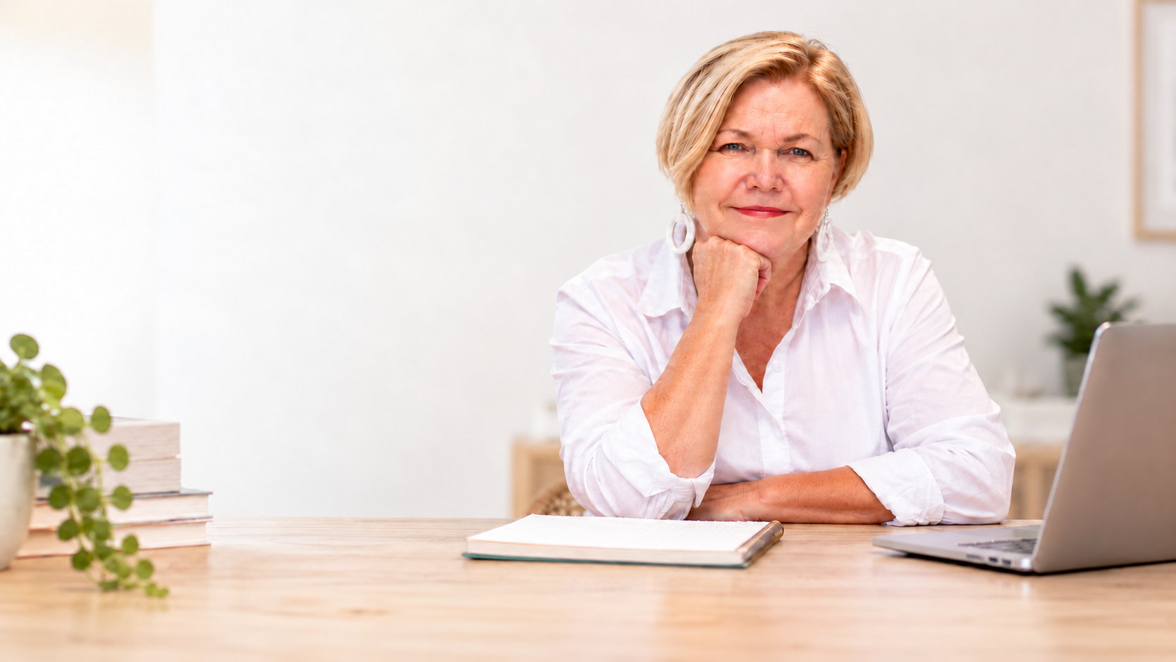 Bernadette Janson at desk with laptop and notebook