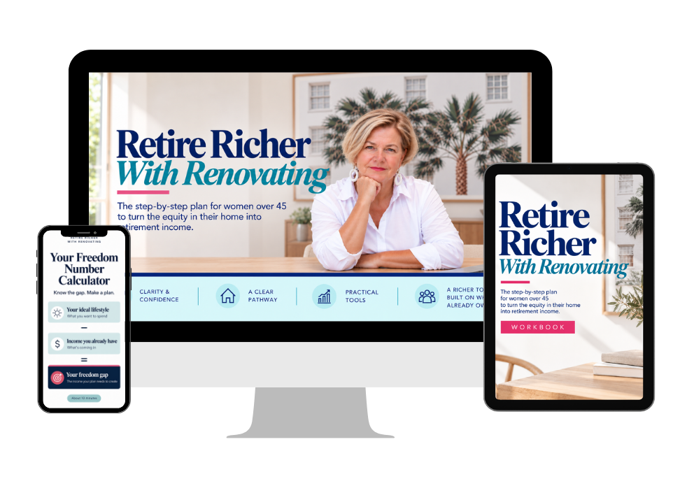 Retire Richer With Renovating course mockup with desktop video lessons, mobile Freedom Number Calculator, and tablet workbook