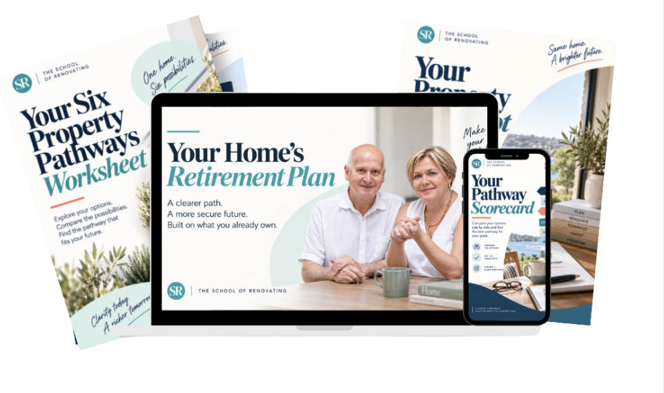 Your Home's Retirement Plan digital bundle mockup with video training, Six Property Pathways Worksheet, and Pathway Scorecard