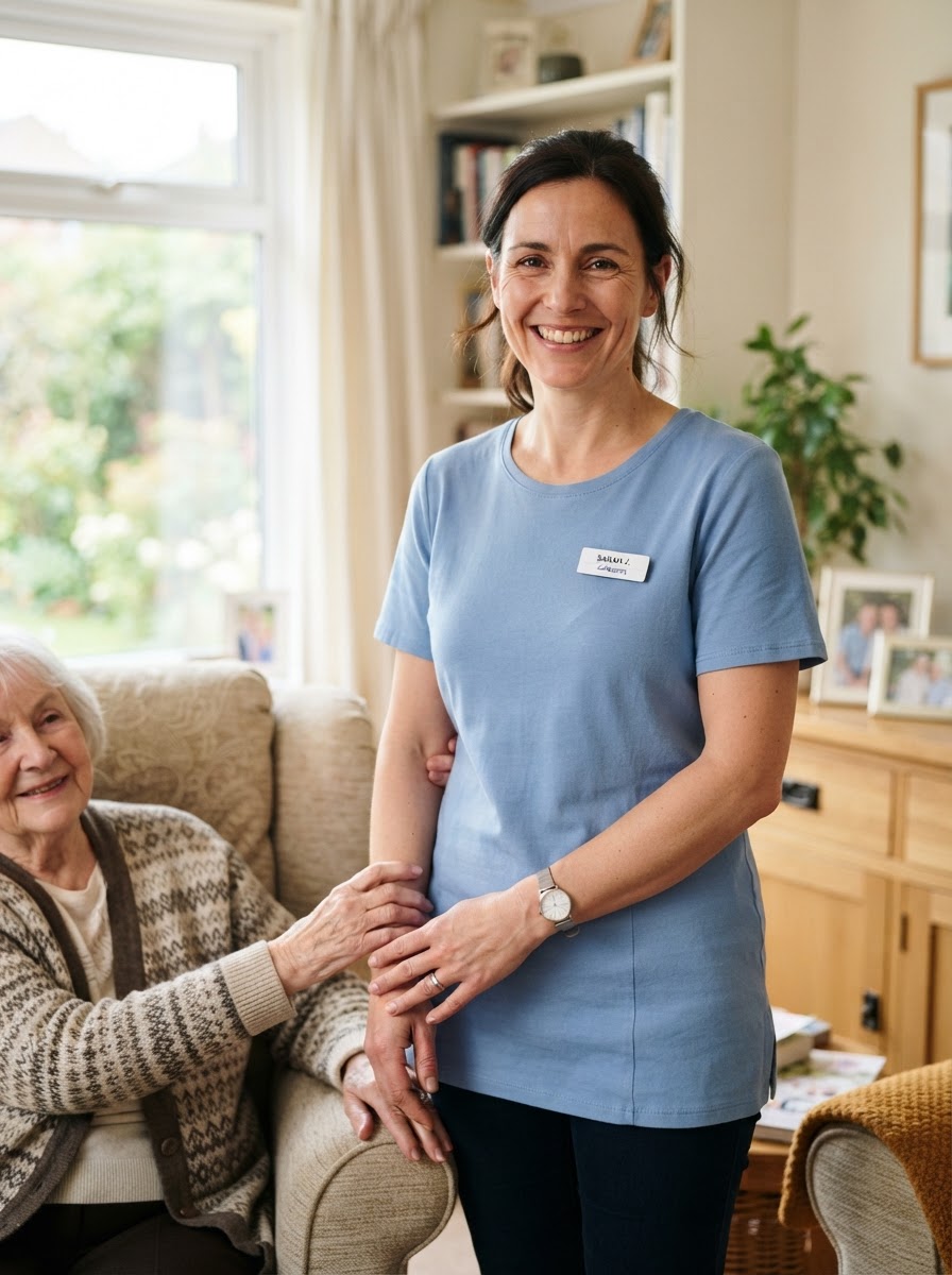 A friendly caregiver sharing a joyful conversation with a senior man at a bright dining table