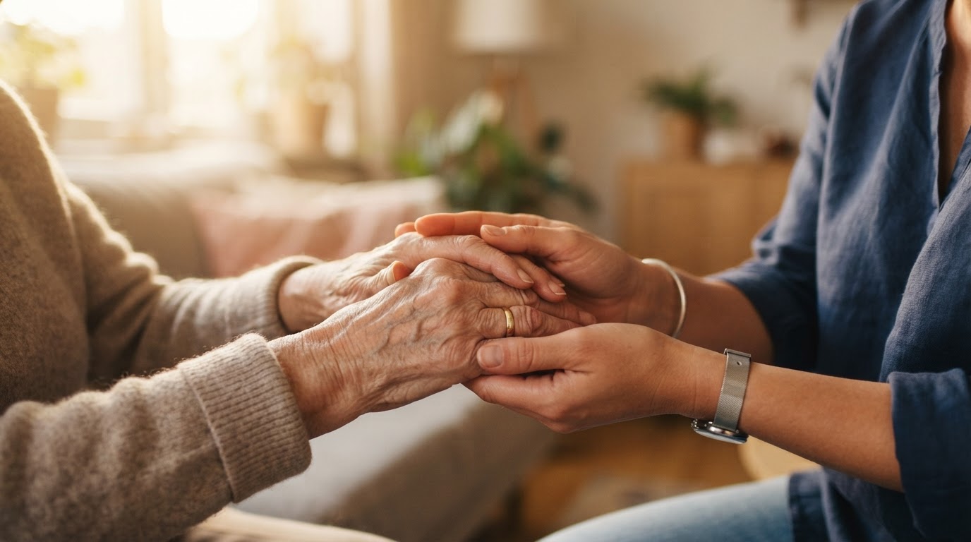 A caregiver's hands gently holding the hands of a senior in warm afternoon light