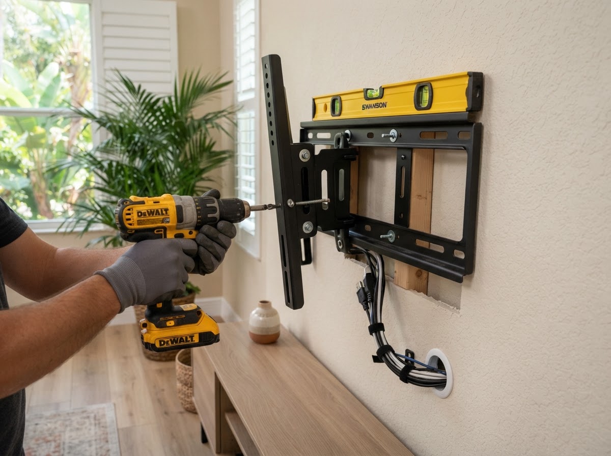 TV wall mounting in progress