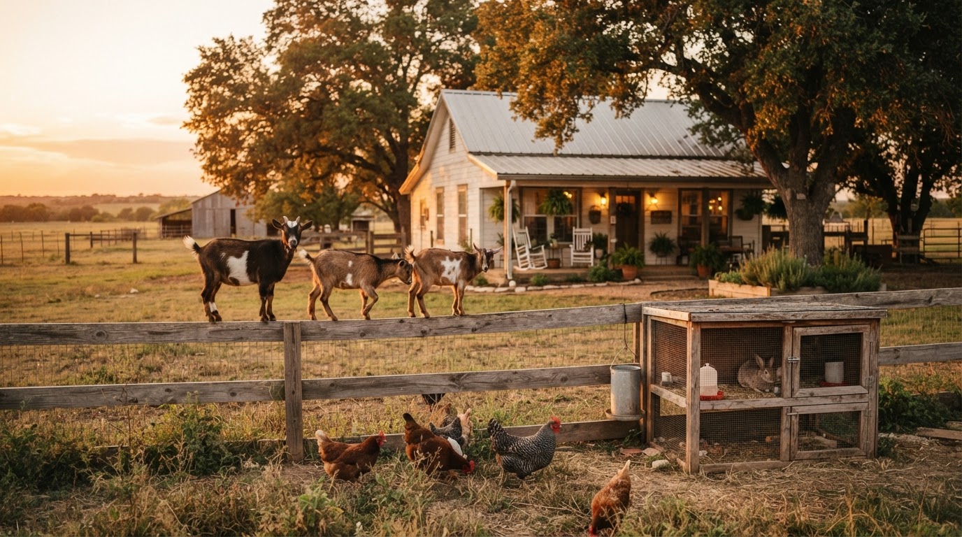 Our family homestead near Fort Worth with Nigerian Dwarf goats, chickens and rabbits at golden hour