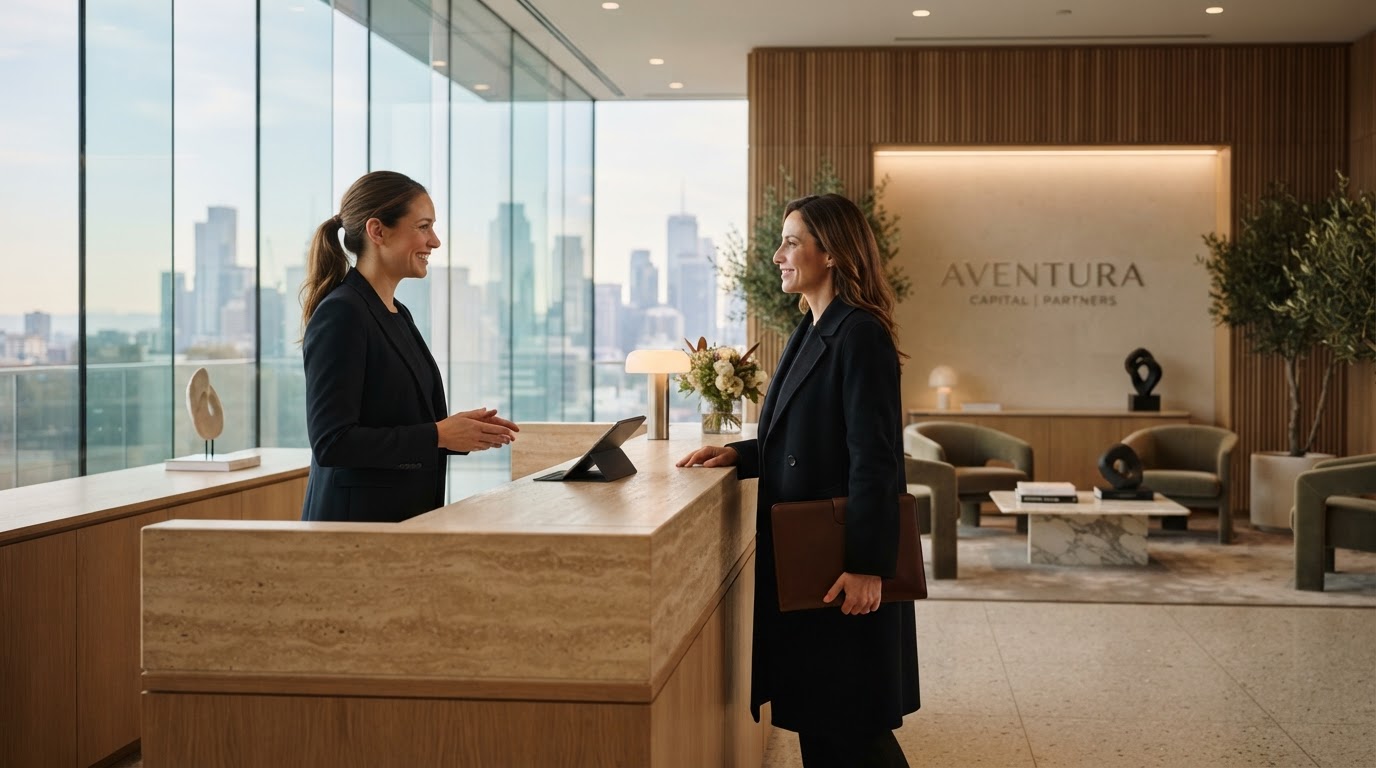 Premium service-business front office where a customer arrives and is greeted by staff
