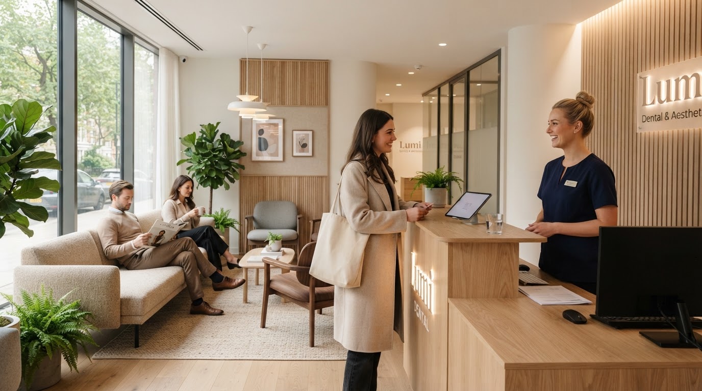 Bright dental reception and clinical intake environment