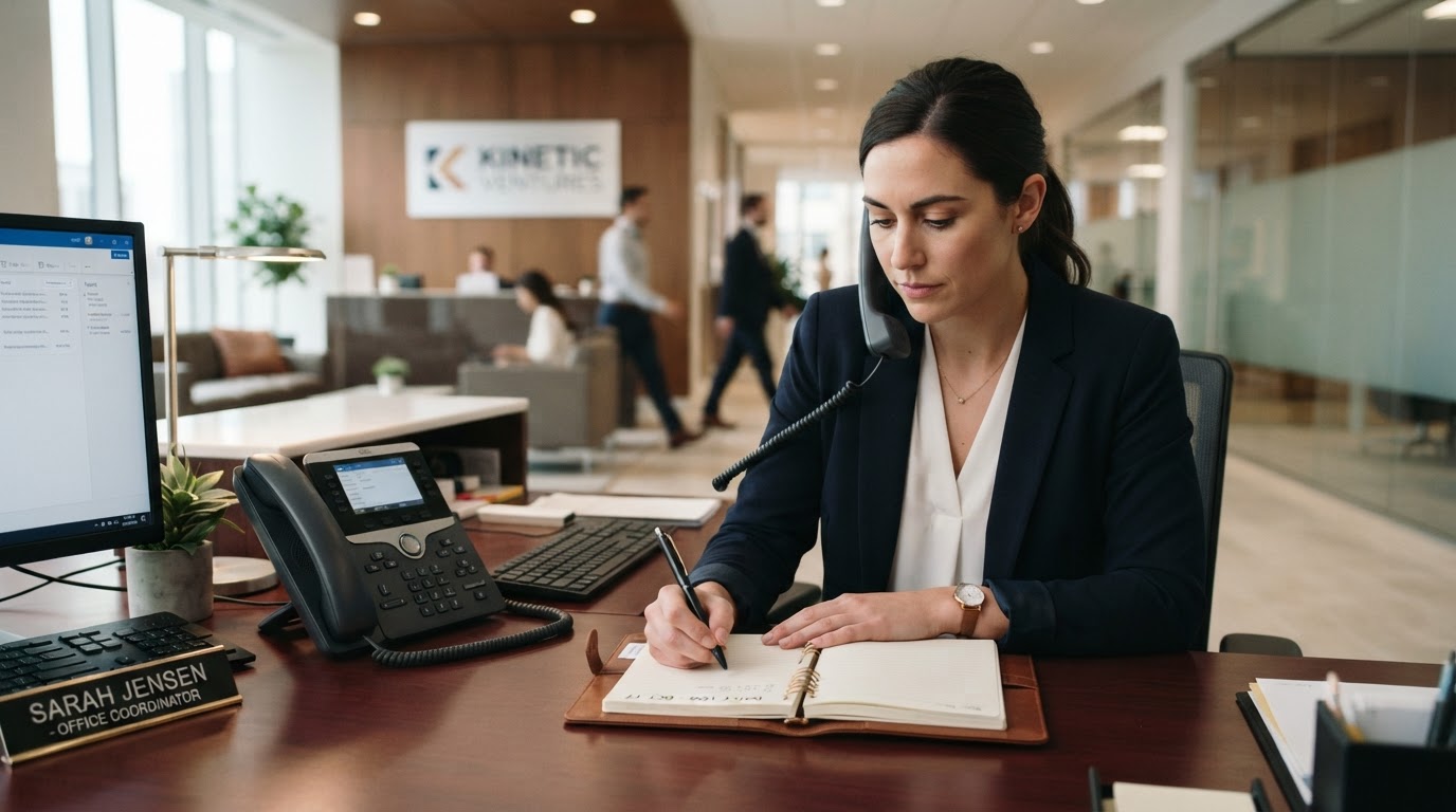 Professional front desk environment with an office coordinator handling a call