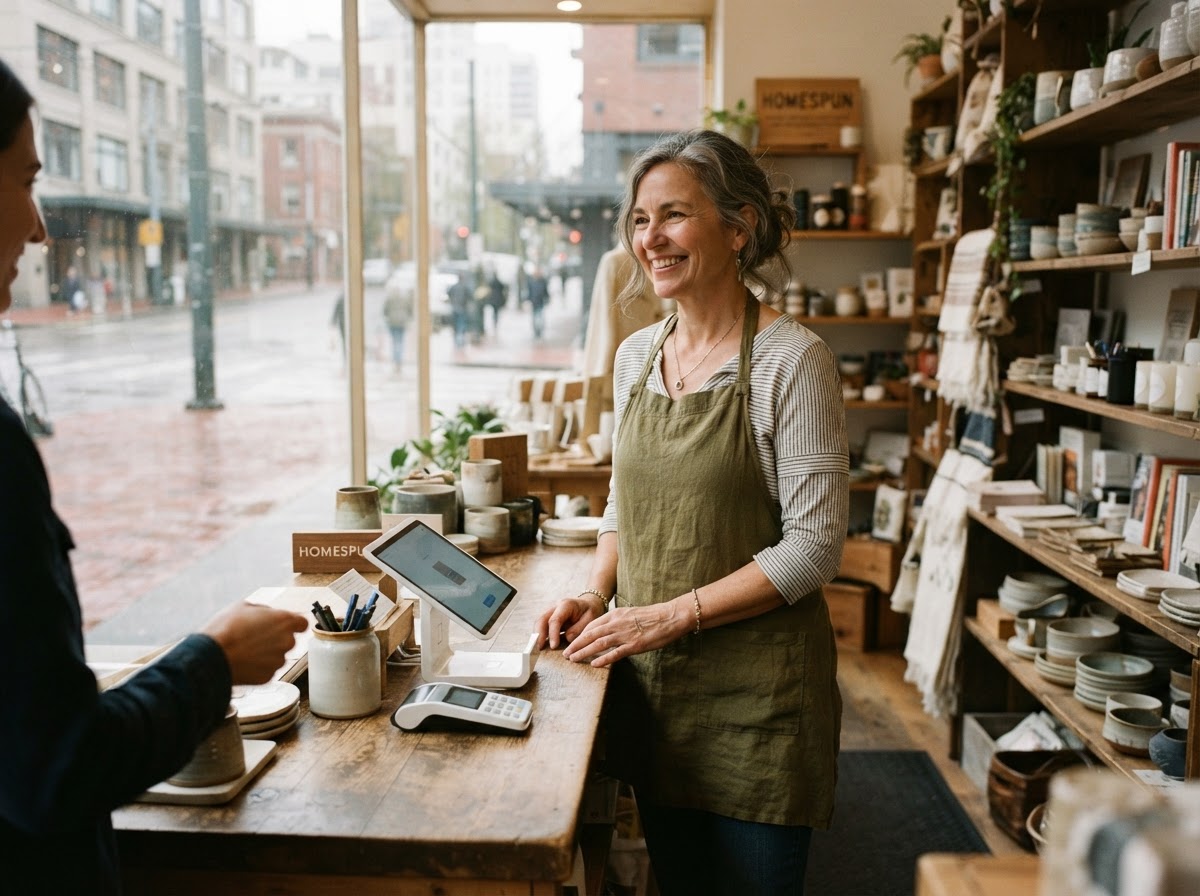 A local small business owner at their shop counter