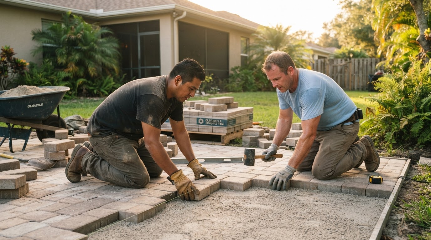 Small residential paver crew laying interlocking pavers on a Florida backyard patio