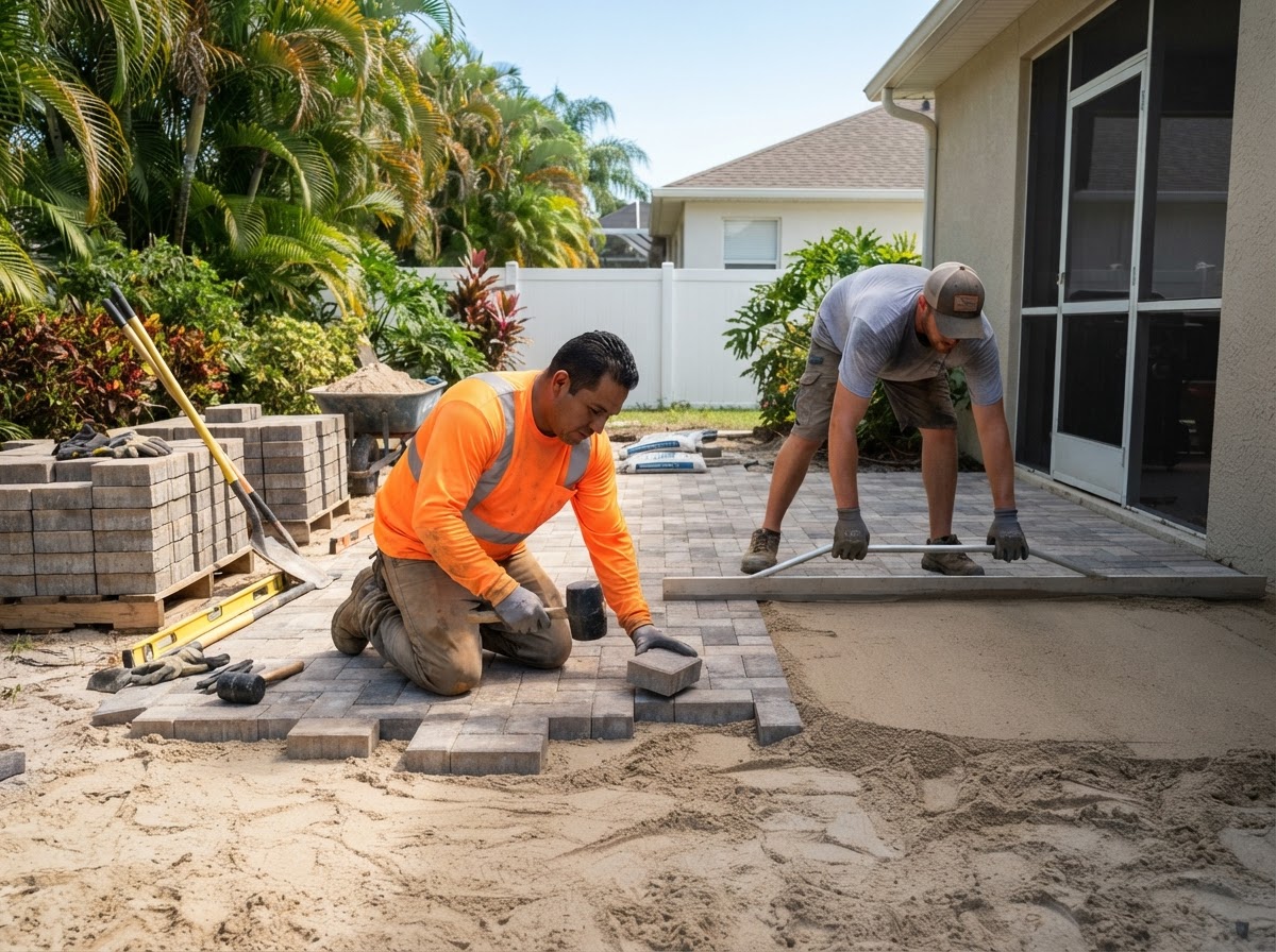 Residential paver contractor crew installing interlocking pavers on a backyard patio