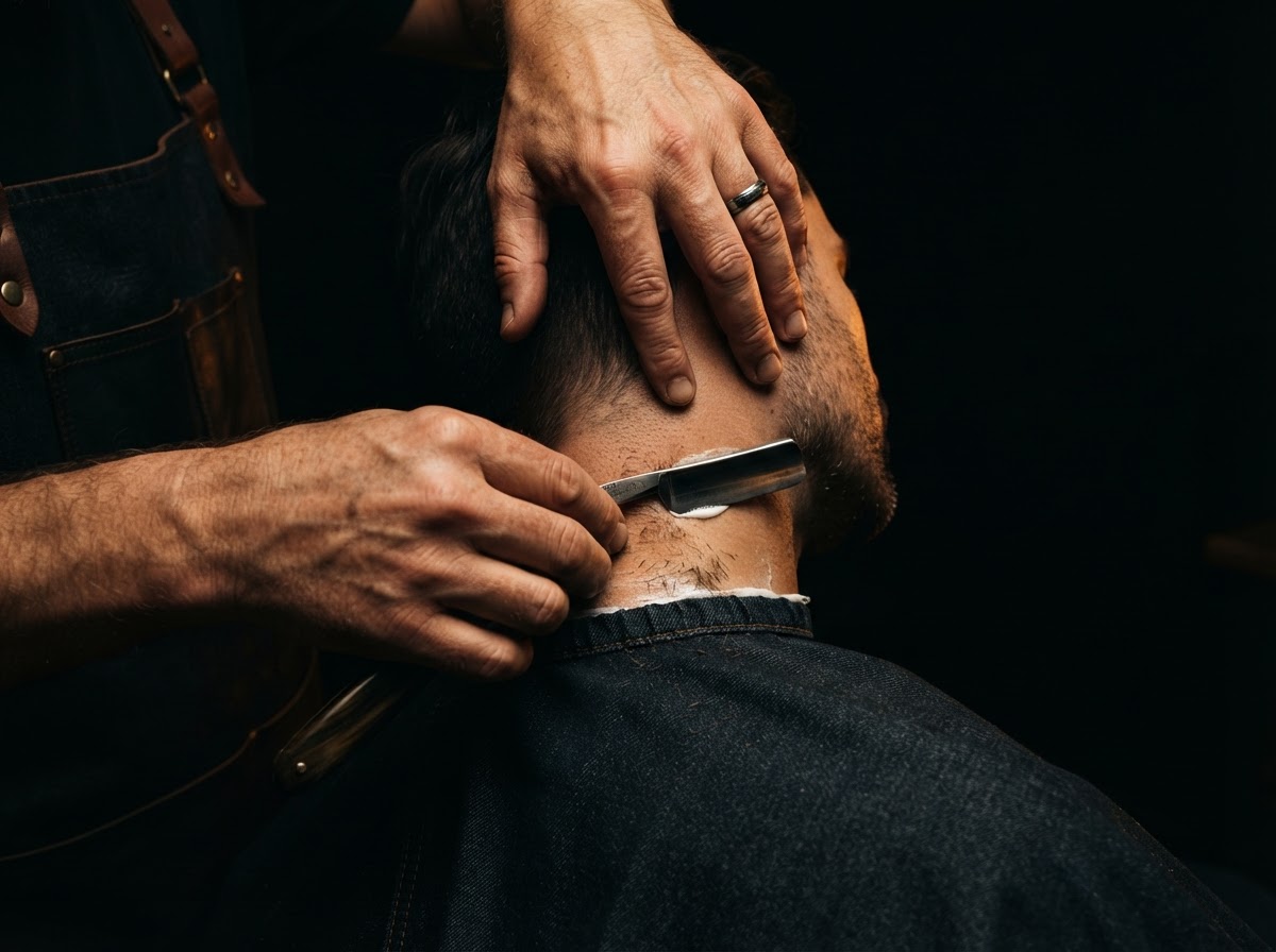 Barber performing a straight-razor neckline shave