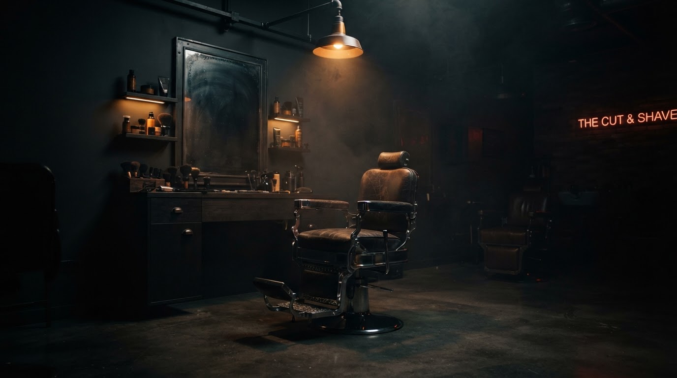 Moody modern barbershop interior with a vintage leather chair