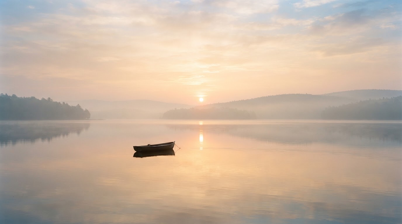 Soft dawn light breaking over calm misty water