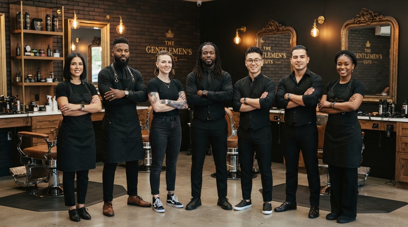 Team of professional barbers in an upscale barbershop