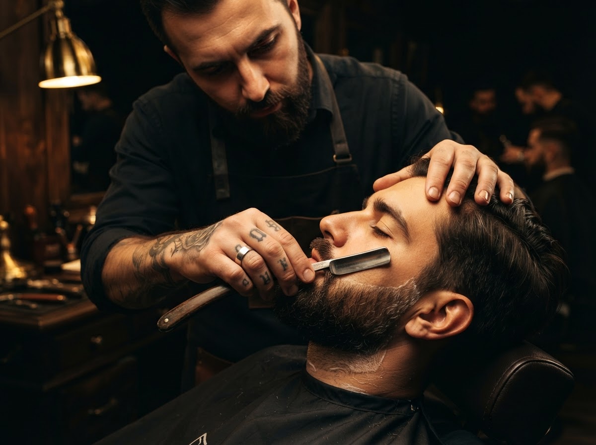 Barber grooming a beard with a straight razor