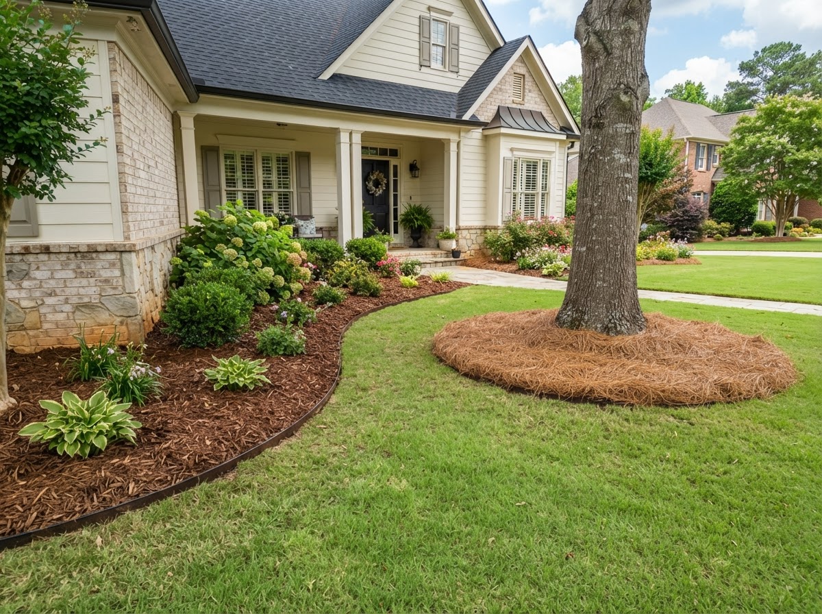 Pine straw and mulch installation