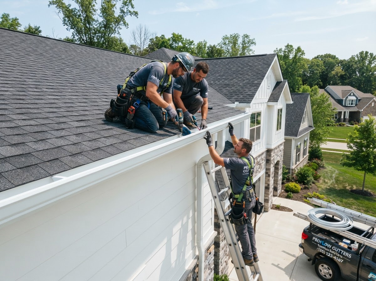 Seamless gutter installation and roof water protection