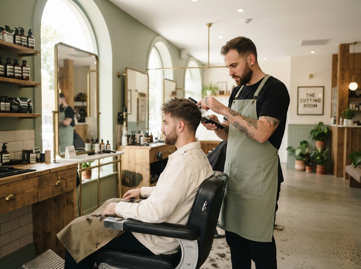 A barber giving a fresh modern haircut in a bright barbershop