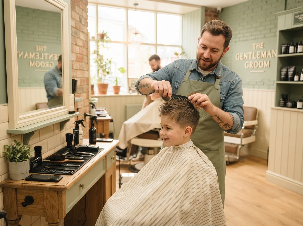 A barber styling a young boy's haircut in a warm bright barbershop