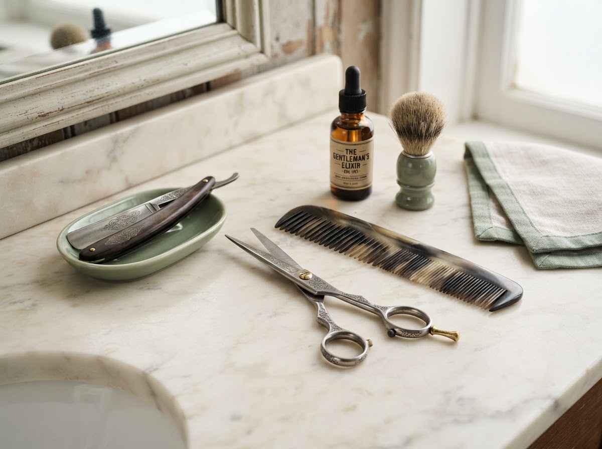 Vintage scissors and comb arranged on cream marble