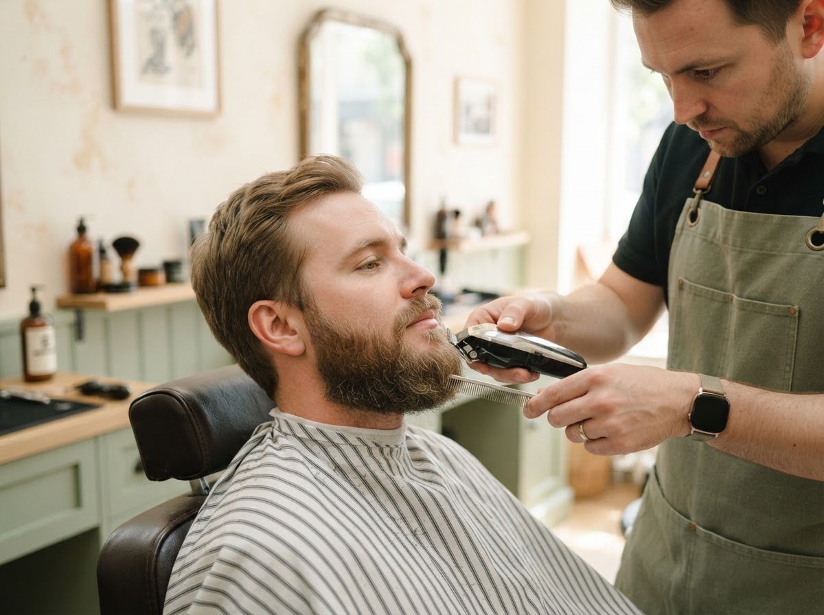 Close-up of a beard trim and grooming in a bright barbershop