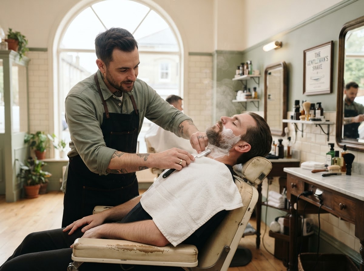 A classic hot towel straight razor shave in a bright barbershop