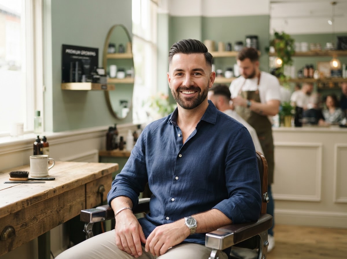 Stylish smiling man with a fresh haircut in the shop