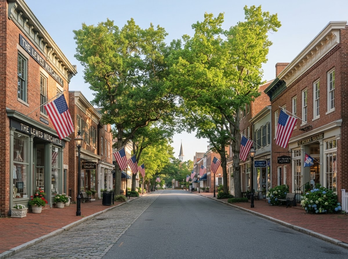 Calle principal histórica de Georgetown, Delaware, con fachadas de ladrillo y árboles maduros