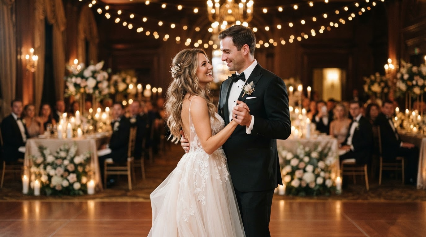 An elegant couple sharing their first dance at a warm, candlelit wedding reception