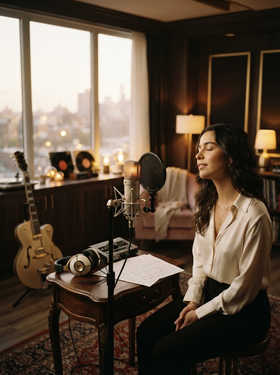 An intimate, warmly lit music studio with a vintage microphone