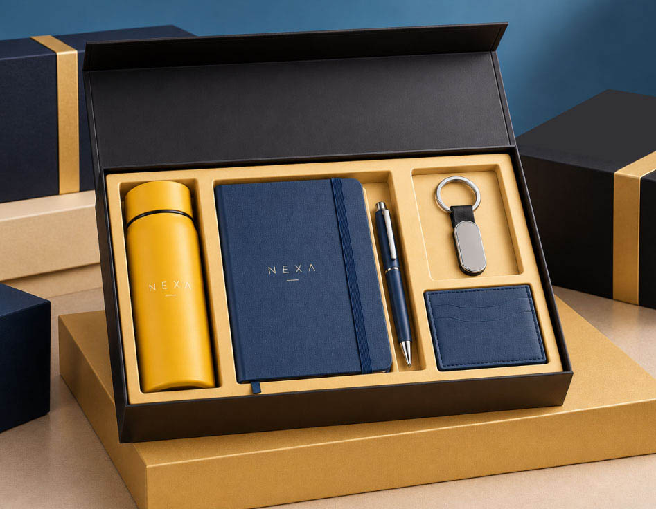 Set corporativo premium en caja de regalo con termo amarillo, libreta, bolígrafo, llavero y tarjetero — Light Brand