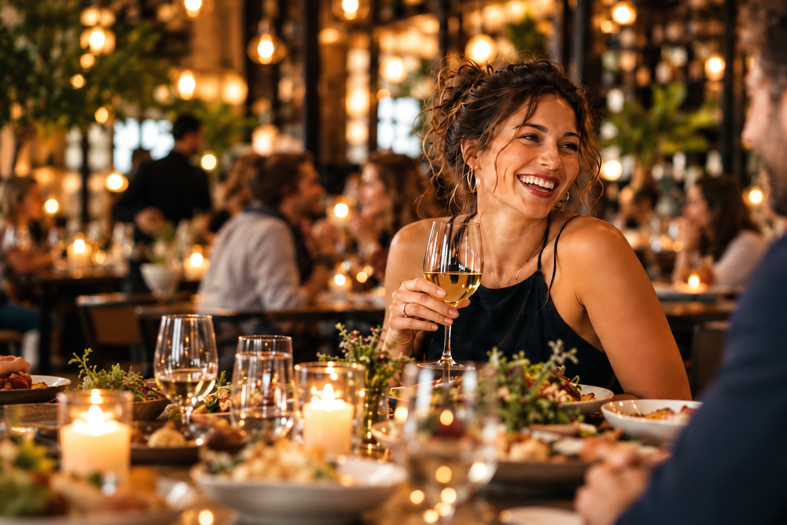 Woman dining happily with wine at a restaurant table