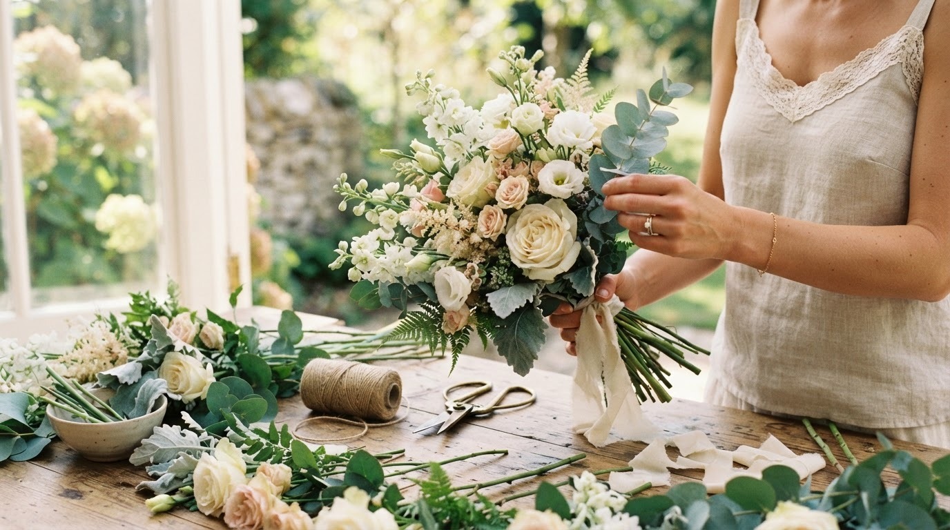 Hands arranging fresh bridal bouquet stems with garden roses and foliage on a wooden table