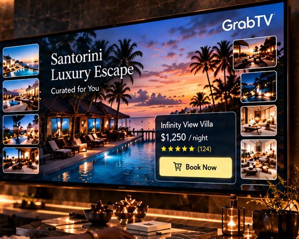 Luxury Hospitality & Travel Booking — POM POM Suites TV on-screen experience