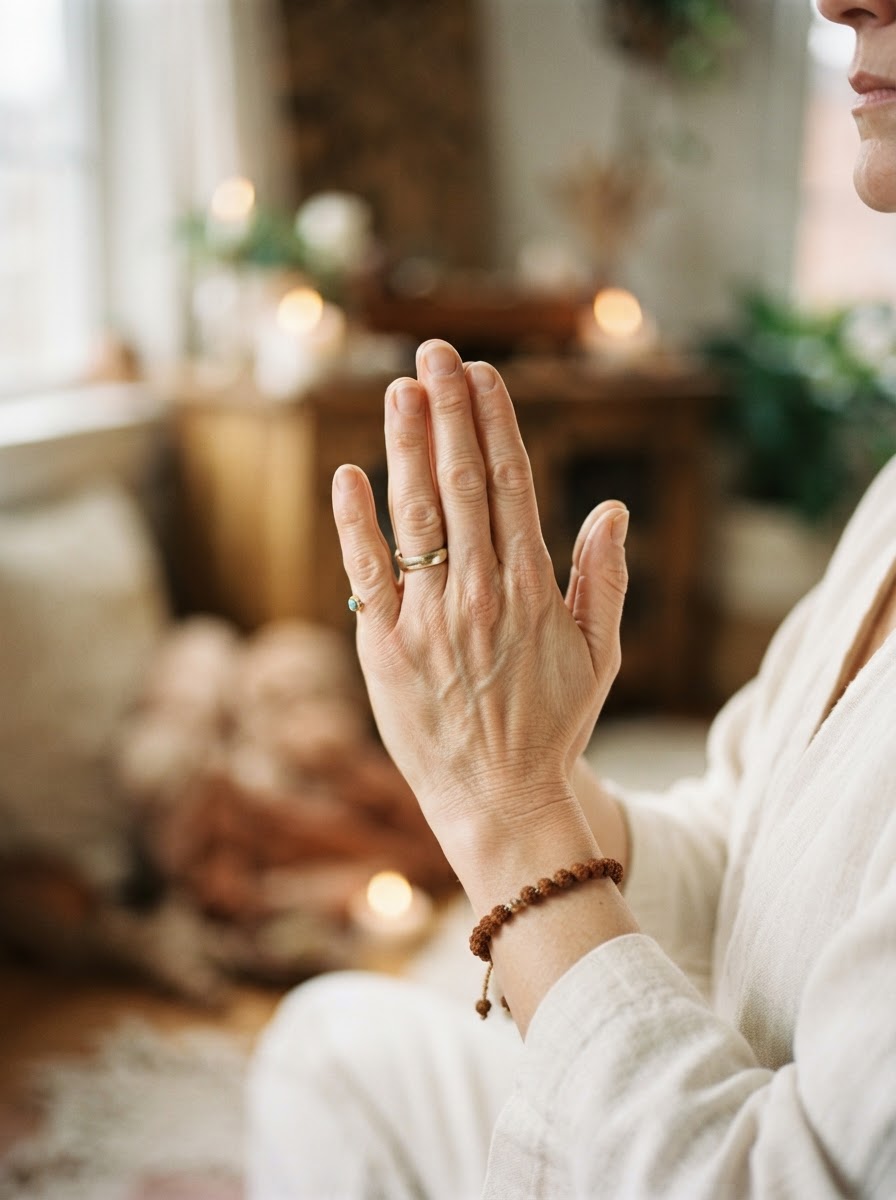Close-up of hands pressed together in a prayer position
