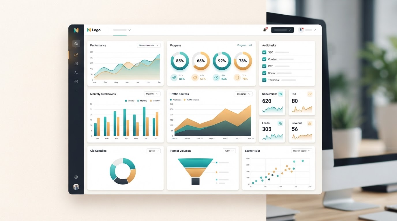 A marketing audit report dashboard showing charts and analytics