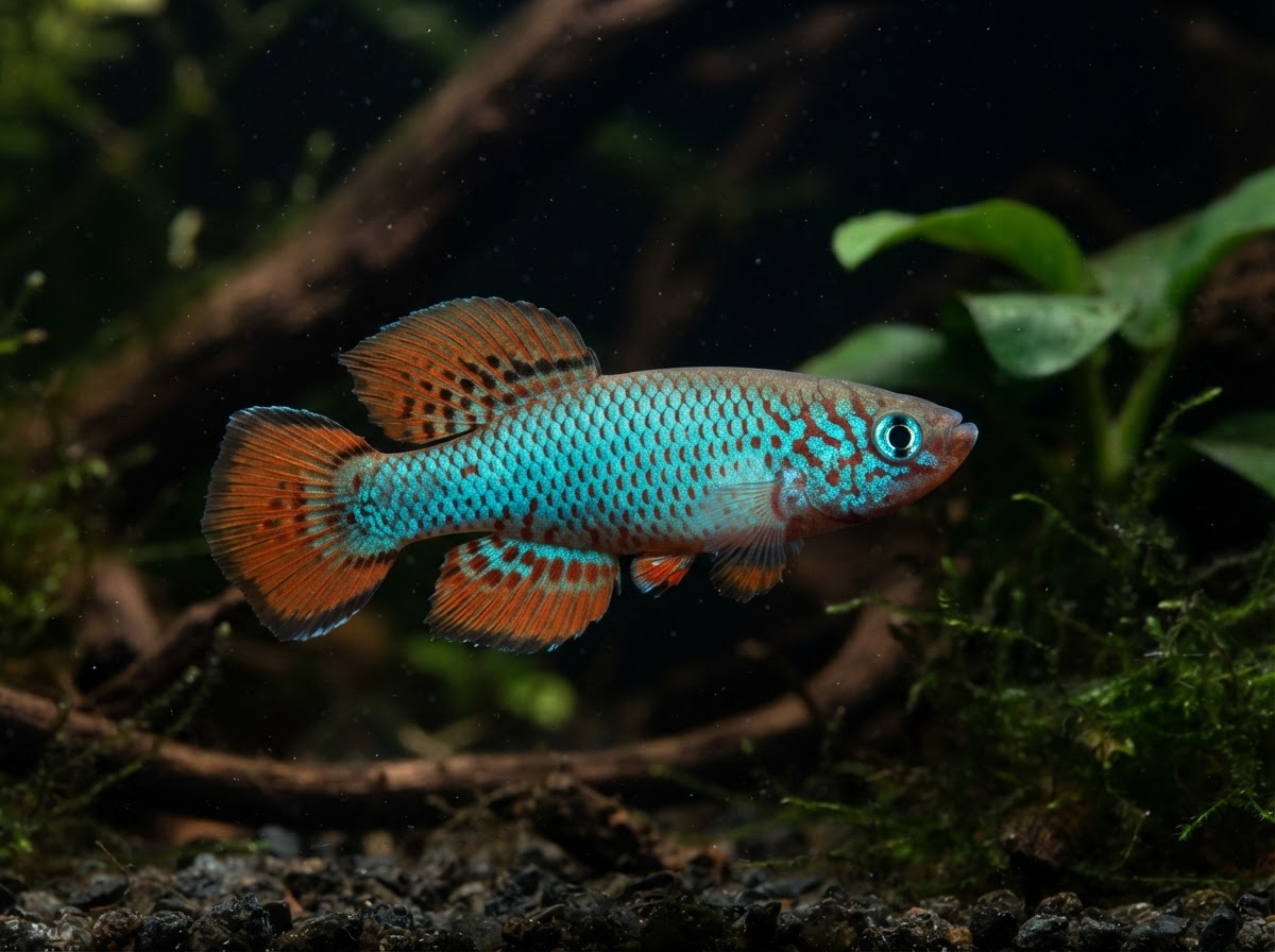An African turquoise killifish, a small freshwater fish with a vivid turquoise body and orange-red fins, shown full length with fins and tail visible.
