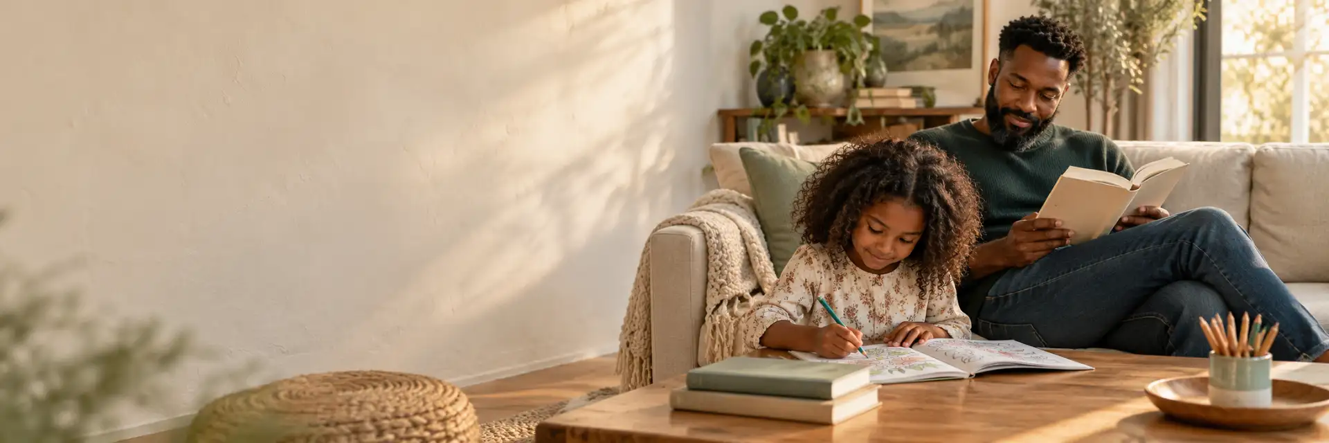 A family coloring together at home