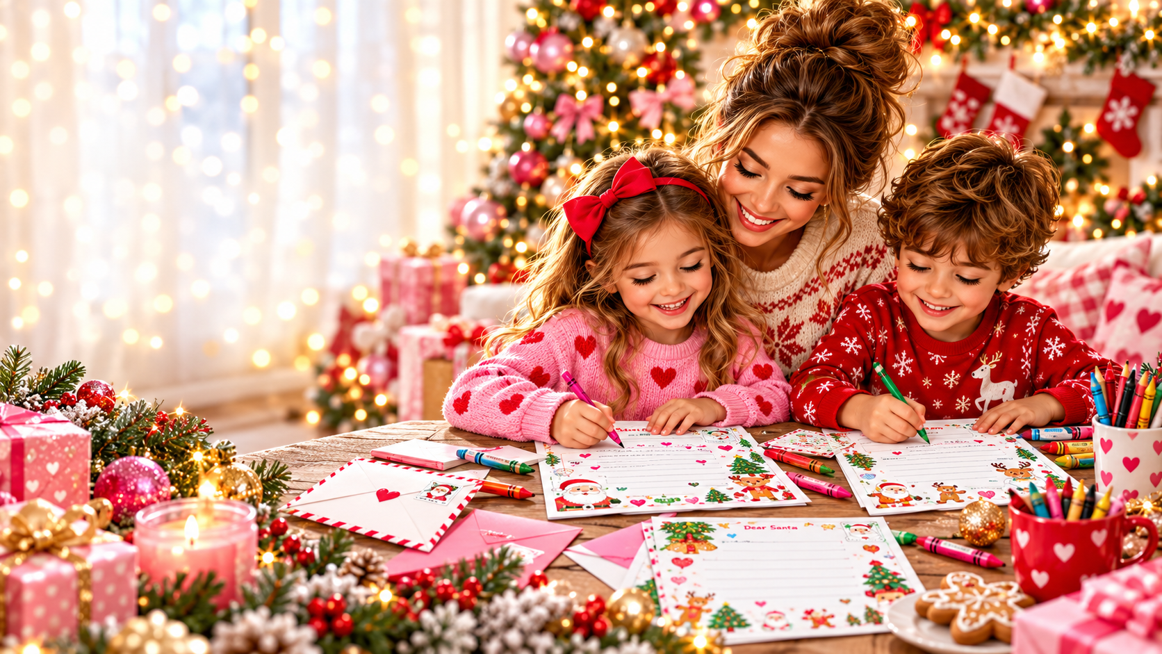 Mom and kids writing and coloring Letters to Santa together by the Christmas tree