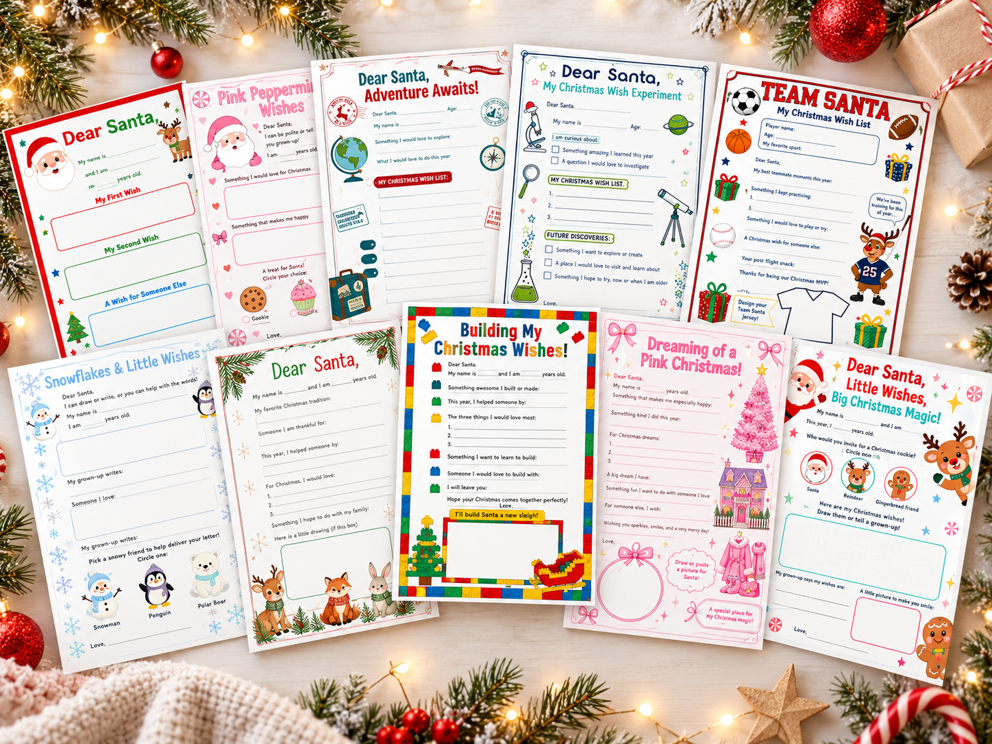 Sample Letters to Santa templates — Pink Peppermint, Adventure, Science Experiment, Team Santa sports, Lego Christmas wishes, Snowflakes, and more