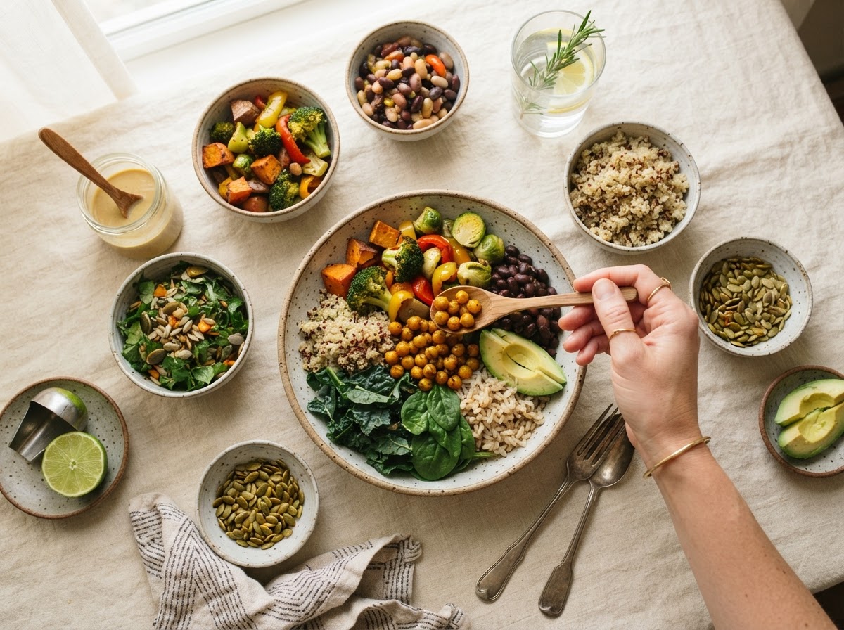 Vibrant Rainbow Energy Bowl with whole plant foods, roasted vegetables, and grains