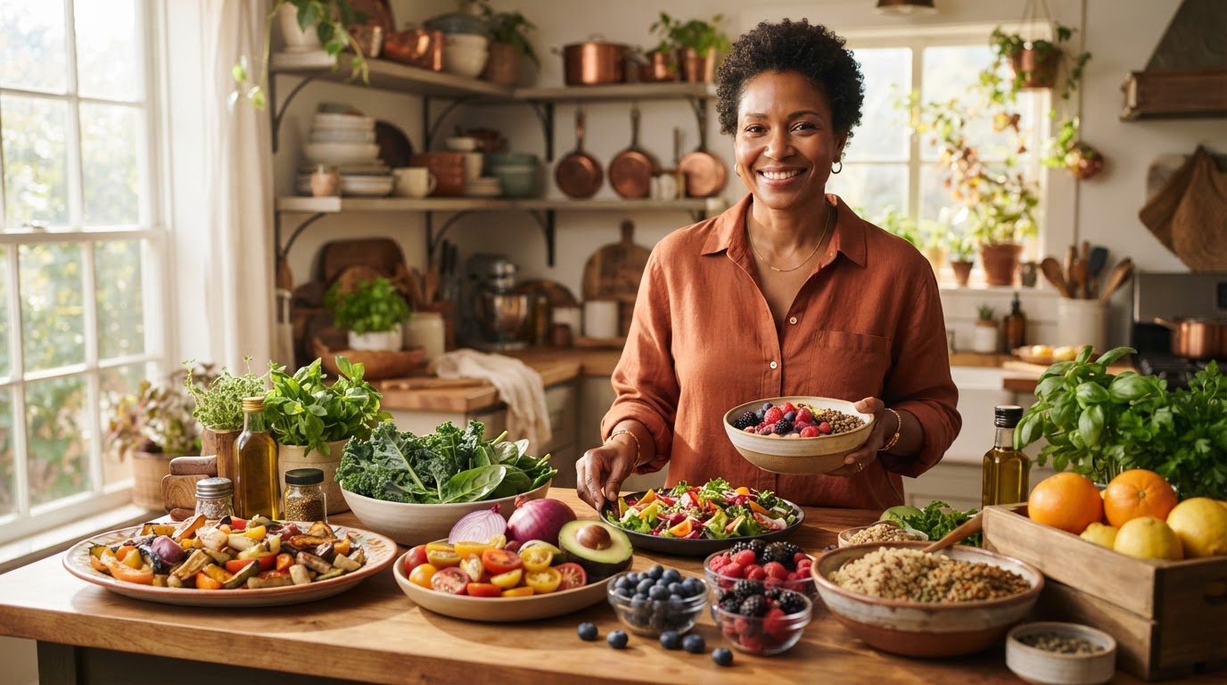 Confident adult smiling warmly in a lifestyle setting surrounded by vibrant, colorful whole plant foods