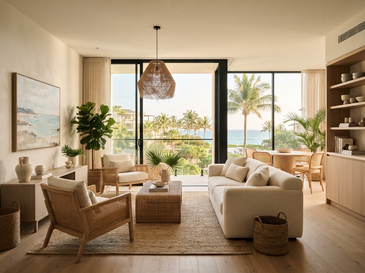 Sophisticated furnished apartment interior with tropical coastal views